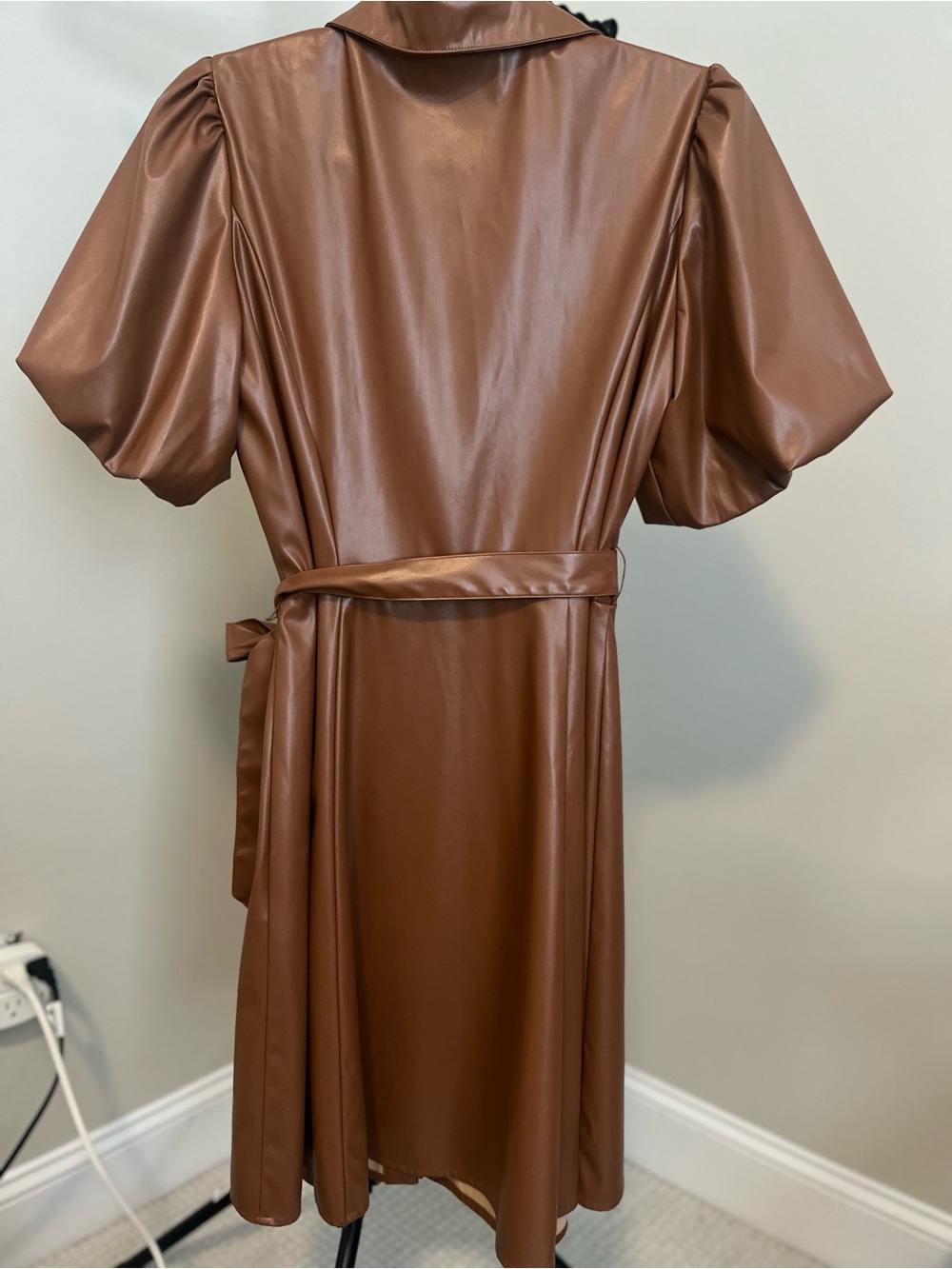 Maison Tara Cognac Faux Leather Puff-Sleeve Button-Front Mini Dress - Picture 7 of 16